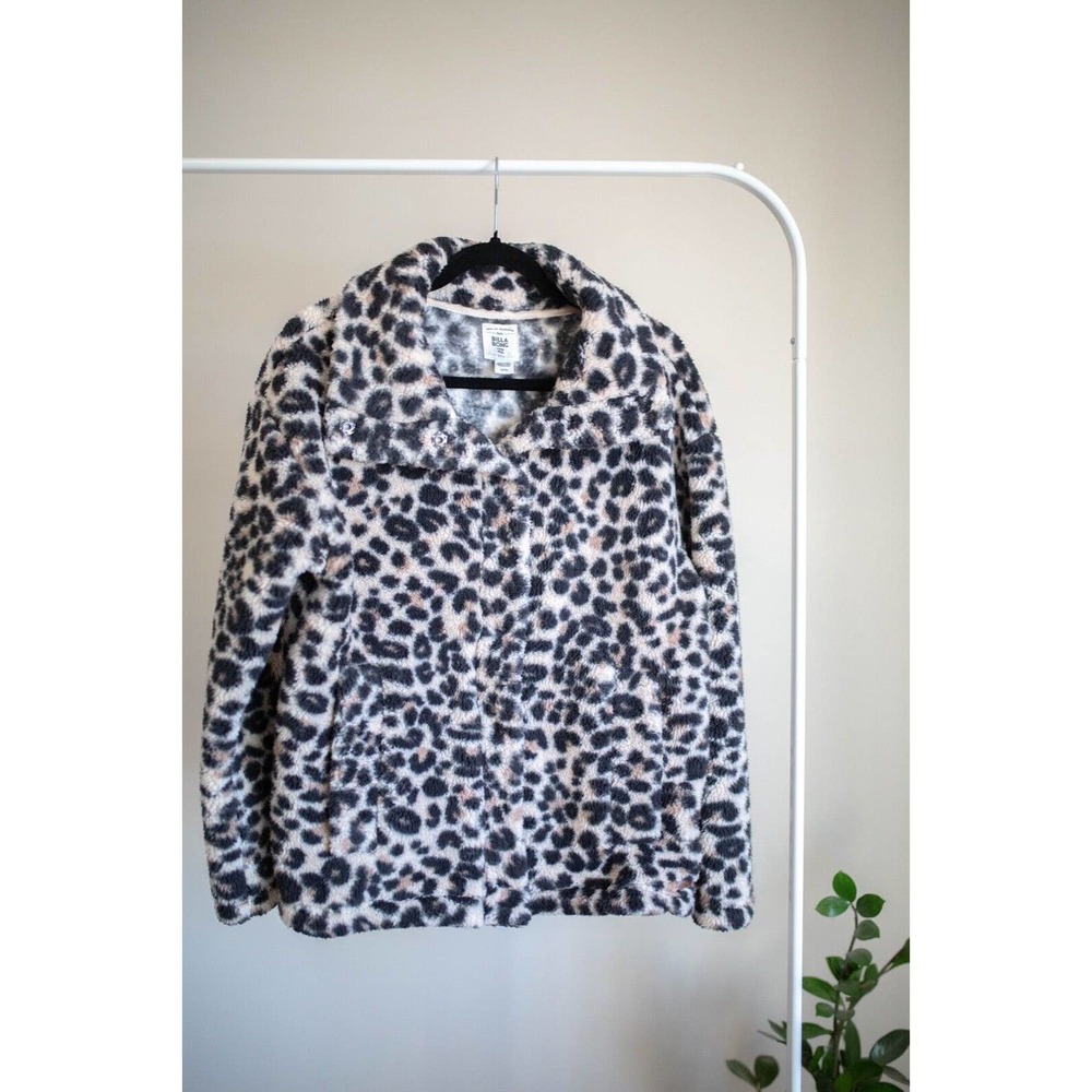 BILLABONG Womens Cozy Days Sherpa Fleece Jacket Leopard Snap Closure SZ S